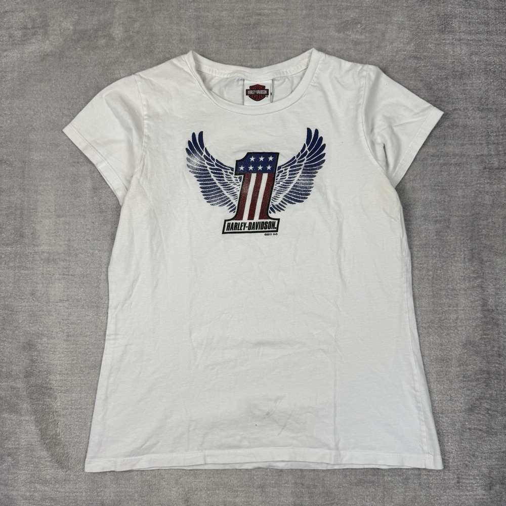 Harley Davidson Shirt Womens Large White Red White‎ Blue #1 Graphic USA Biker